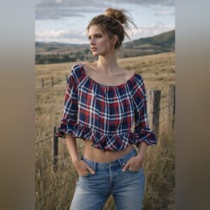 Anthropologie Japna Plaid Peplum Top Sz S Cottagecore Boho Coquette Ruffle Fall